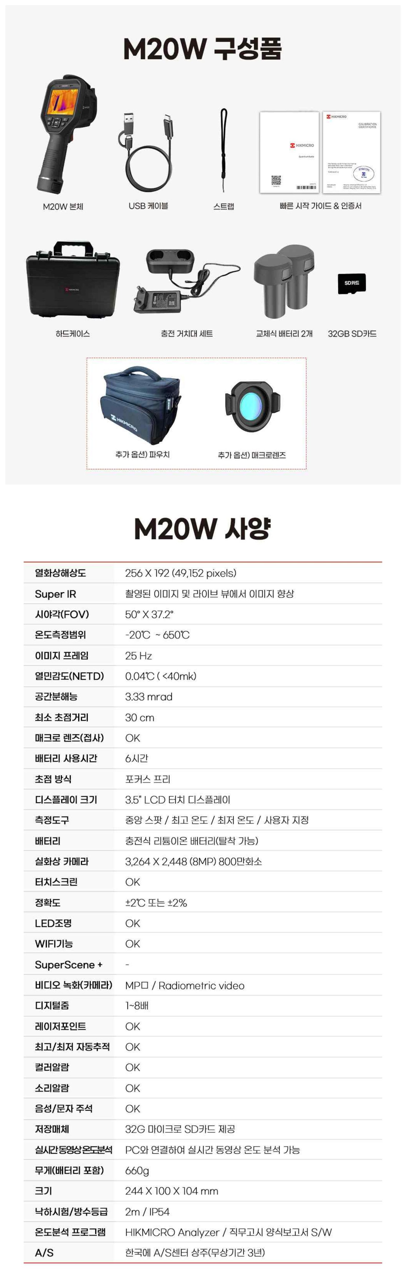M20W 구성품 및 상세 사양표